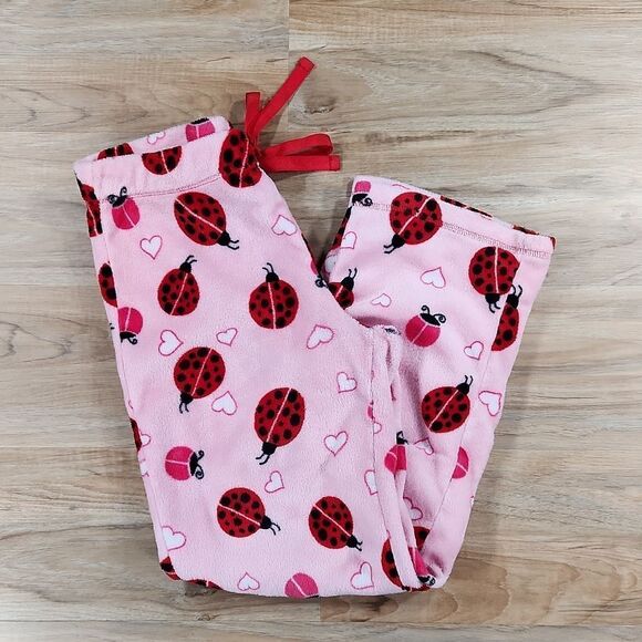 💜Secret Treasures Pink w/Red Ladybug Print Fleece Pajama Pants Medium - Picture 2 of 9